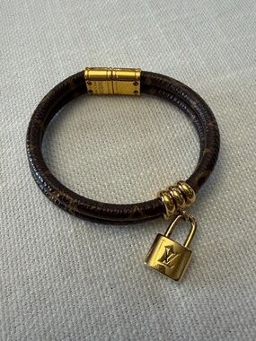 Louis Vuitton Brown Monogram Leather Bracelet with Gold Padlock Charm